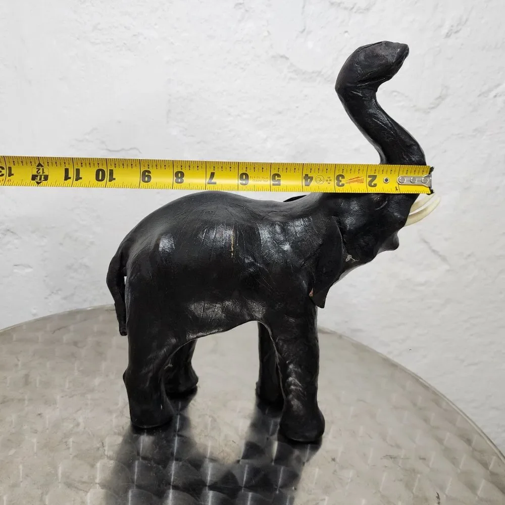 Vtg Black Leather Wrapped Elephant Statue Figurine Trunk Up MCM Safari Decor 11